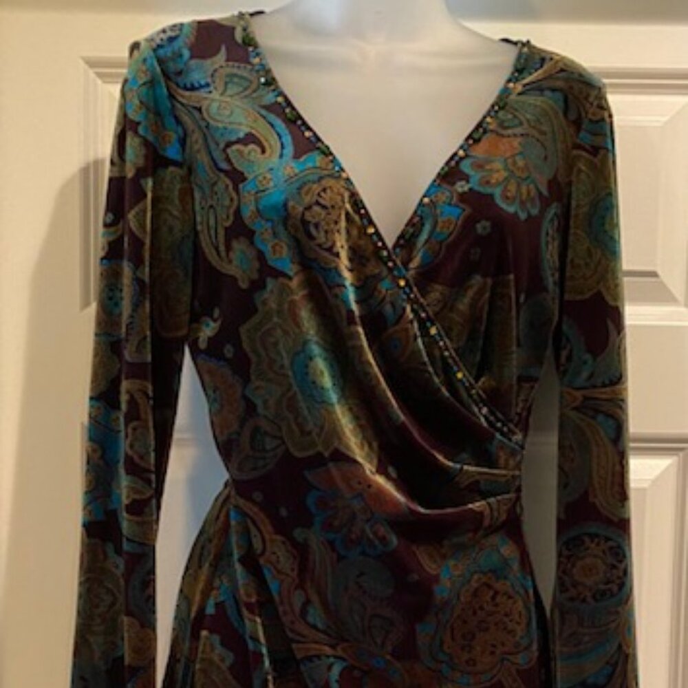 Velour Embellished V-Neckline Dress